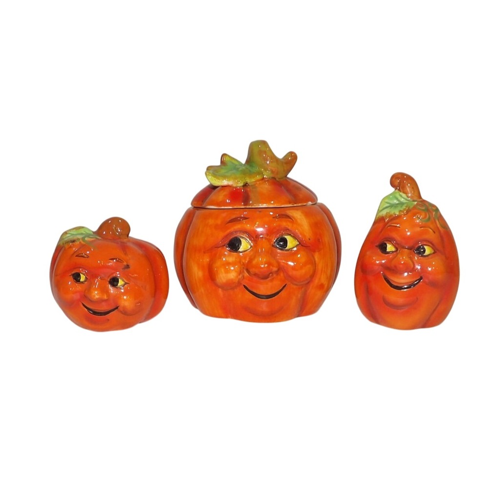 Vintage Style Anthropomorphic Pumpkin Sugar Bowl and Salt Pepper Shaker Set